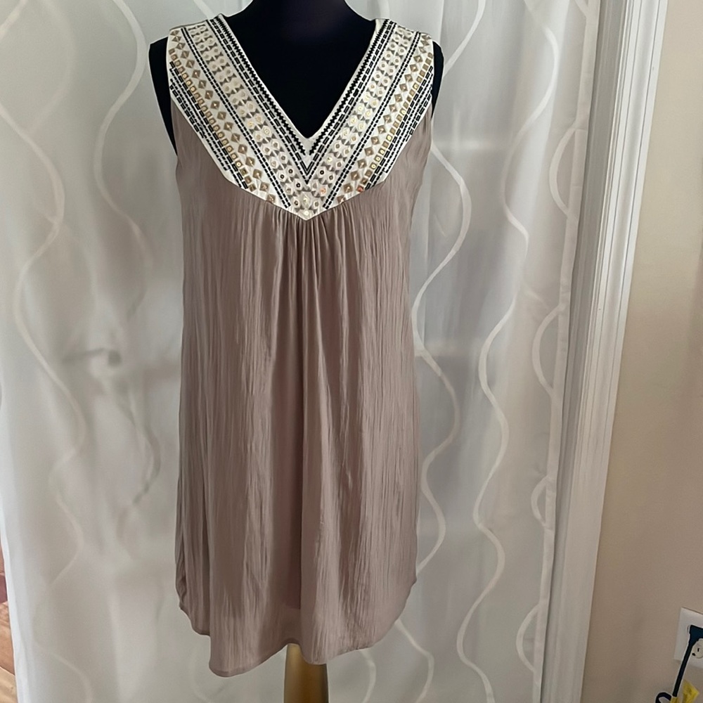 Tantrums Tan Dress With Embroidered Neckline, Size Small